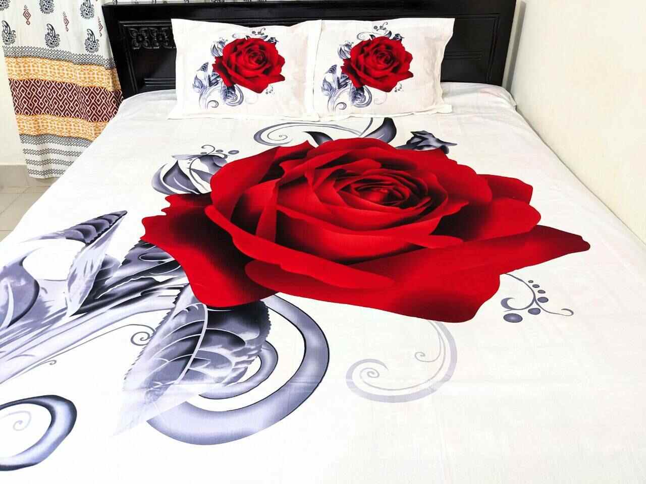 100% Twill cotton bedsheet White Body Red Rose  (৩ পিসের সেট)